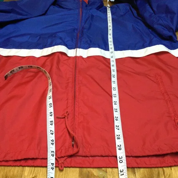 Vintage Woolrich Mens Red Blue Nylon Windbreaker Jacket Hidden Hood Size L - Picture 10 of 11